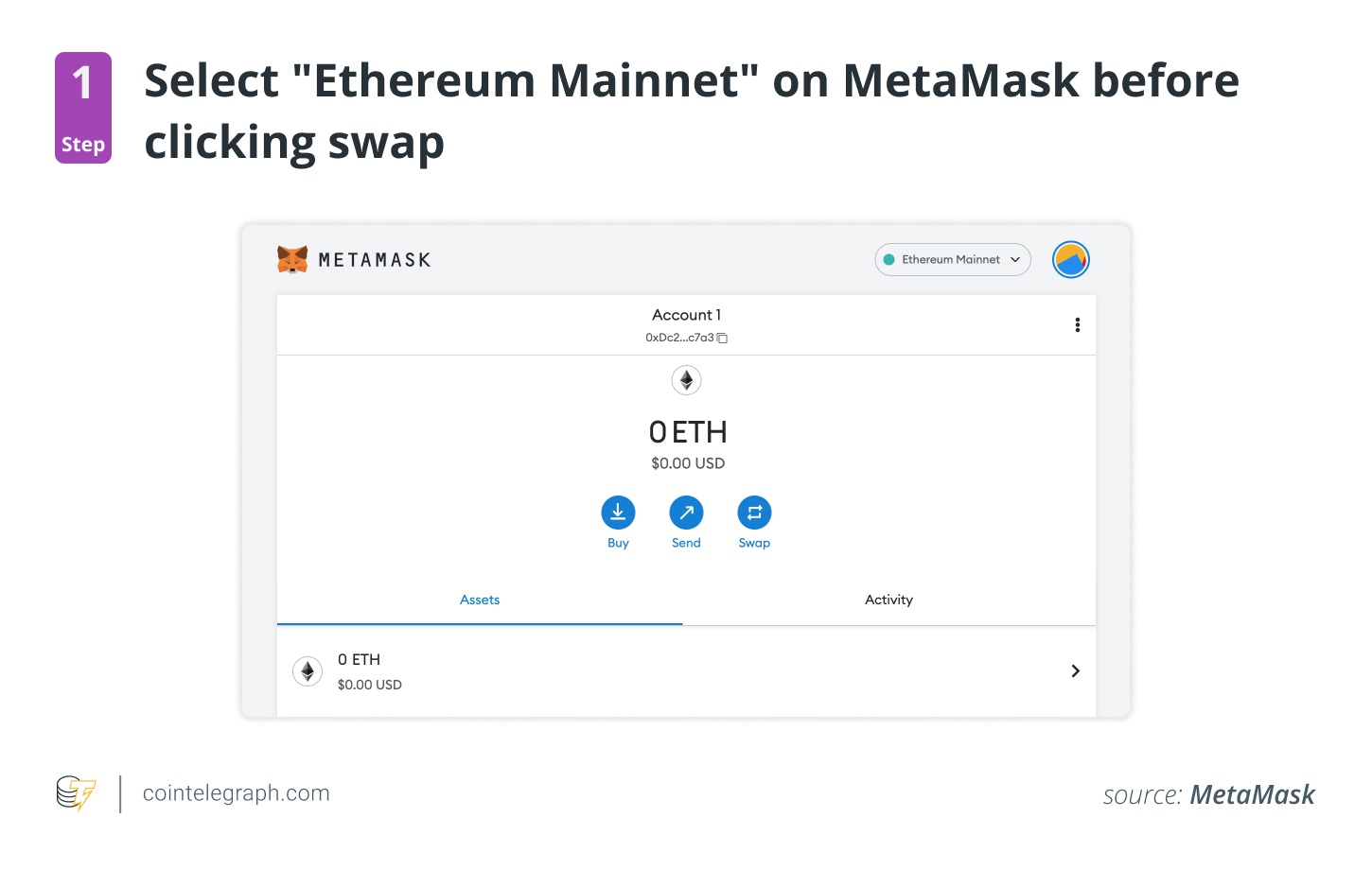 Step 1: Select &quotEthereum Mainnet&quot on MetaMask before clicking swap